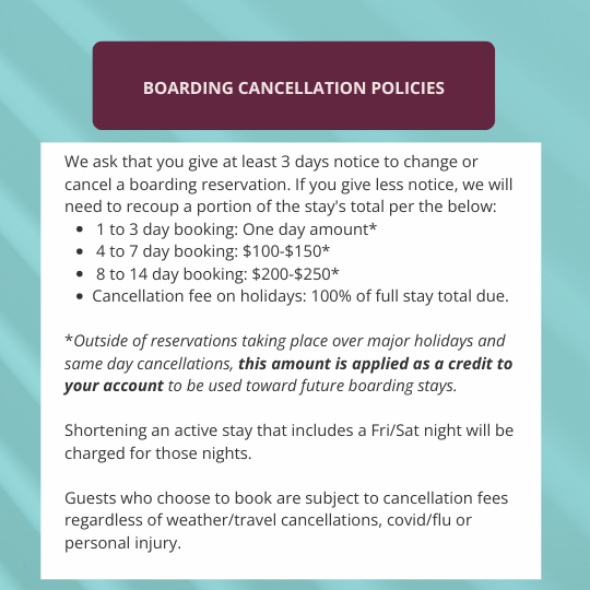 We ask that you give at least 3 days notice to change or cancel a boarding reservation. If you give less notice, we will need to recoup a portion of the stay's total per the below: 1 to 3 day booking: One day amount* 4 to 7 day booking: $100-$150* 8 to 14 day booking: $200-$250* Cancellation fee on holidays: 100% of full stay total due. *Outside of reservations taking place over major holidays and same day cancellations, this amount is applied as a credit to your account to be used toward future boarding stays. Shortening an active stay that includes a Fri/Sat night will be charged for those nights. Guests who choose to book are subject to cancellation fees regardless of weather/travel cancellations, covid/flu or personal injury.